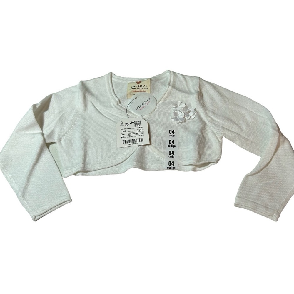 New Zara Girls Crop Sweater White Floral Detail Size 3/4 or size 18/24mths BNWT